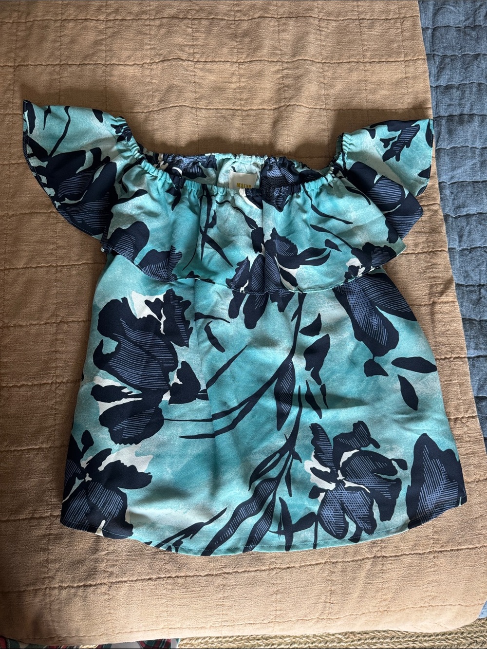 Maeve Aqua Off-Shoulder Floral Top with Navy Print